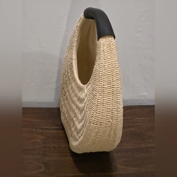 Cottagecore Coastal "A New Day" Neutral Wicker Straw Beige  Top Handle Bag - Picture 2 of 4